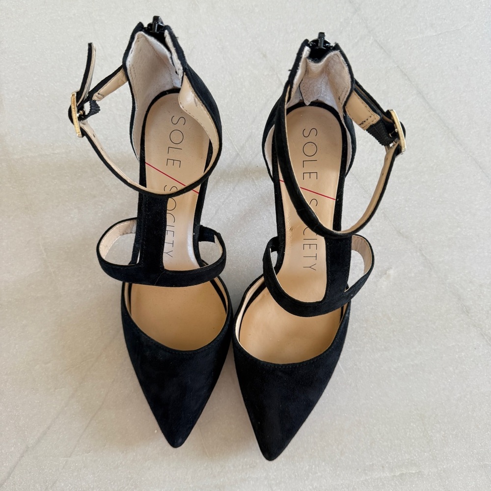 Sole Society Edelyn Black Suede Pointed Toe Heels Ankle Strap Womens Size 6 - Picture 9 of 11